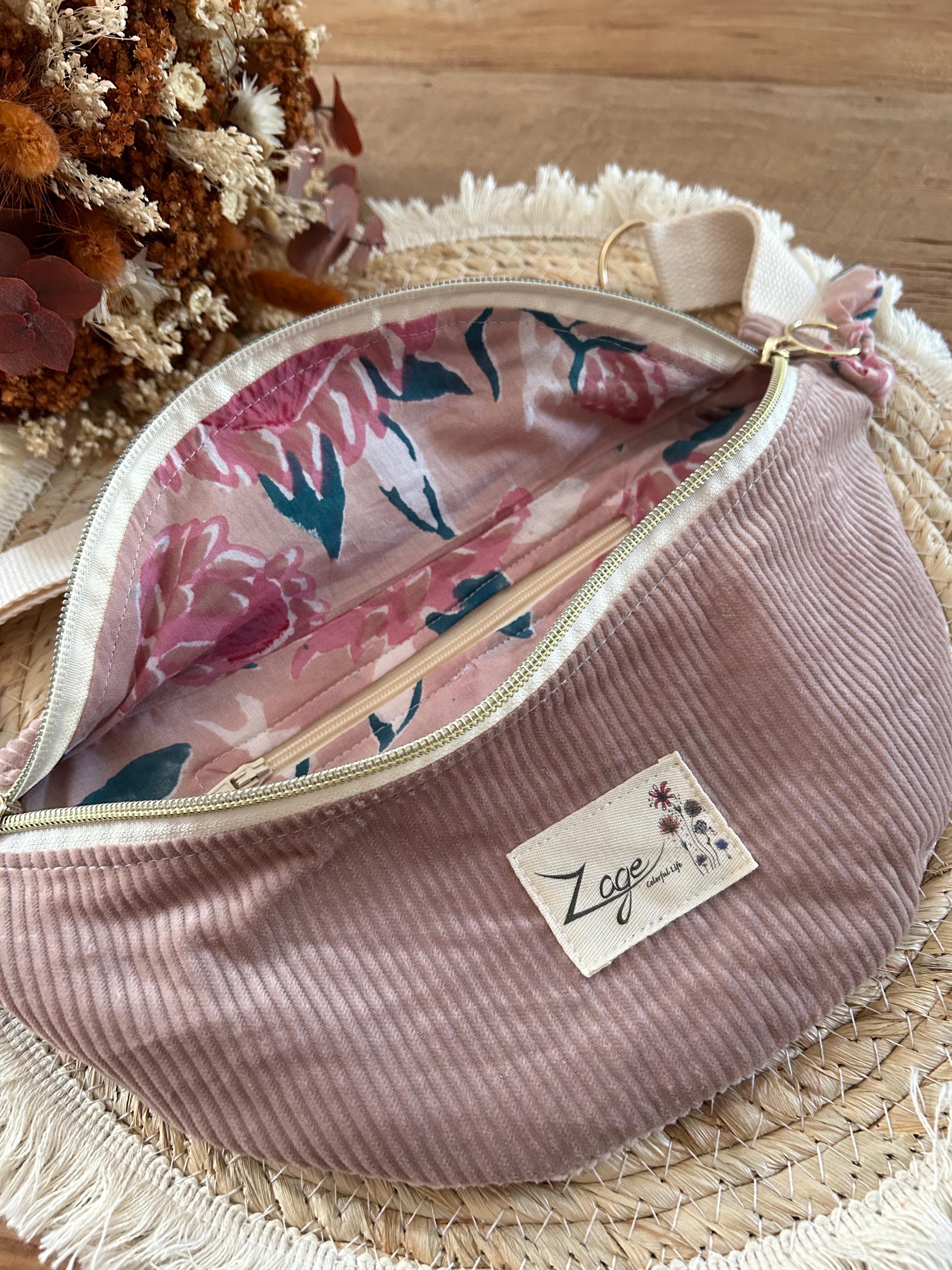 Sac banane femme hiver | Velours côtelé vieux rose & doublure fleurie roseSac Femme Zage Colorful Life