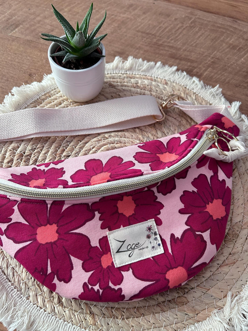 Sac banane Femme |Sweat molletonné Marguerites roses fond rose & doublure beigeSac Femme Zage Colorful Life