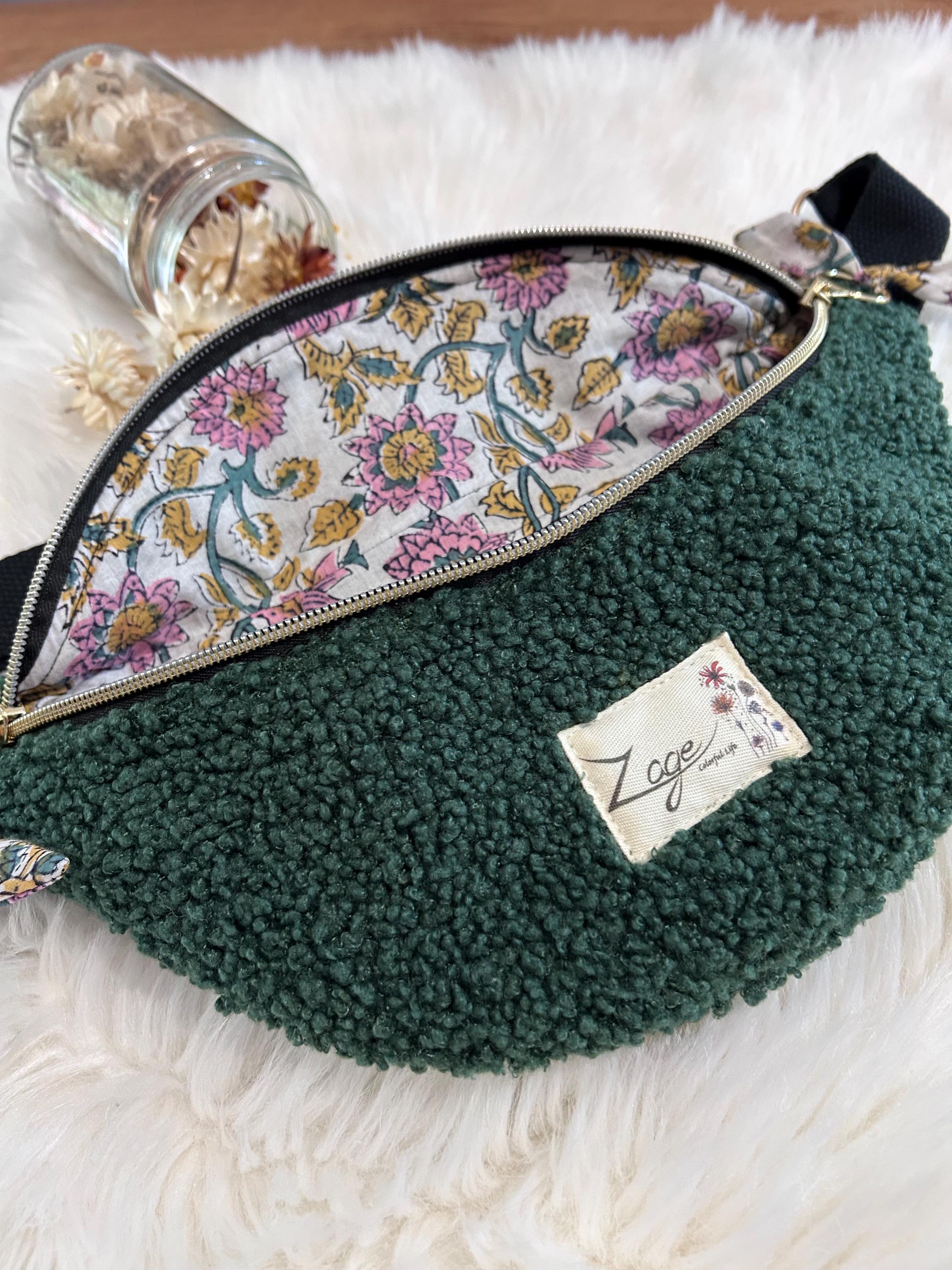 Sac Banane Femme fête | Bouclette vert foncé & doublure tissu indien fleuriSac Femme Zage Colorful Life