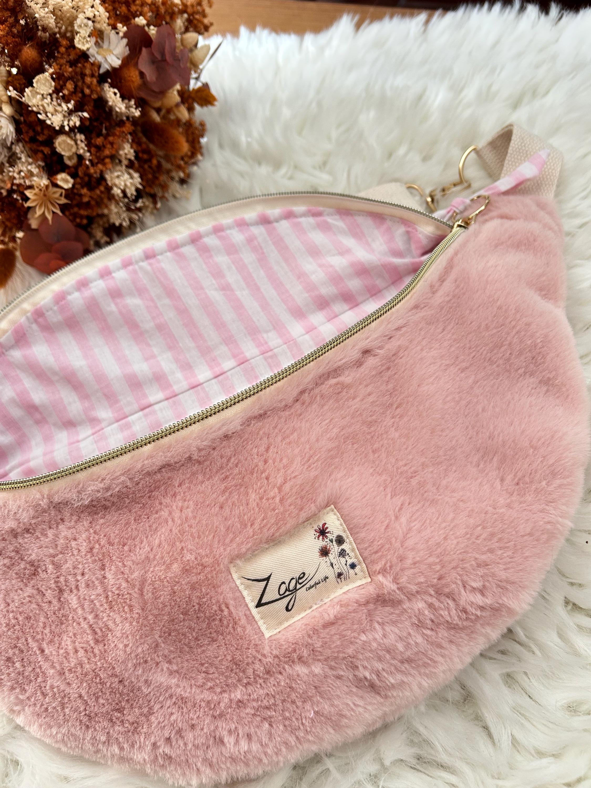 Sac banane femme hiver | Fausse fourrure rose & doublure rayures rosesSac Femme Zage Colorful Life