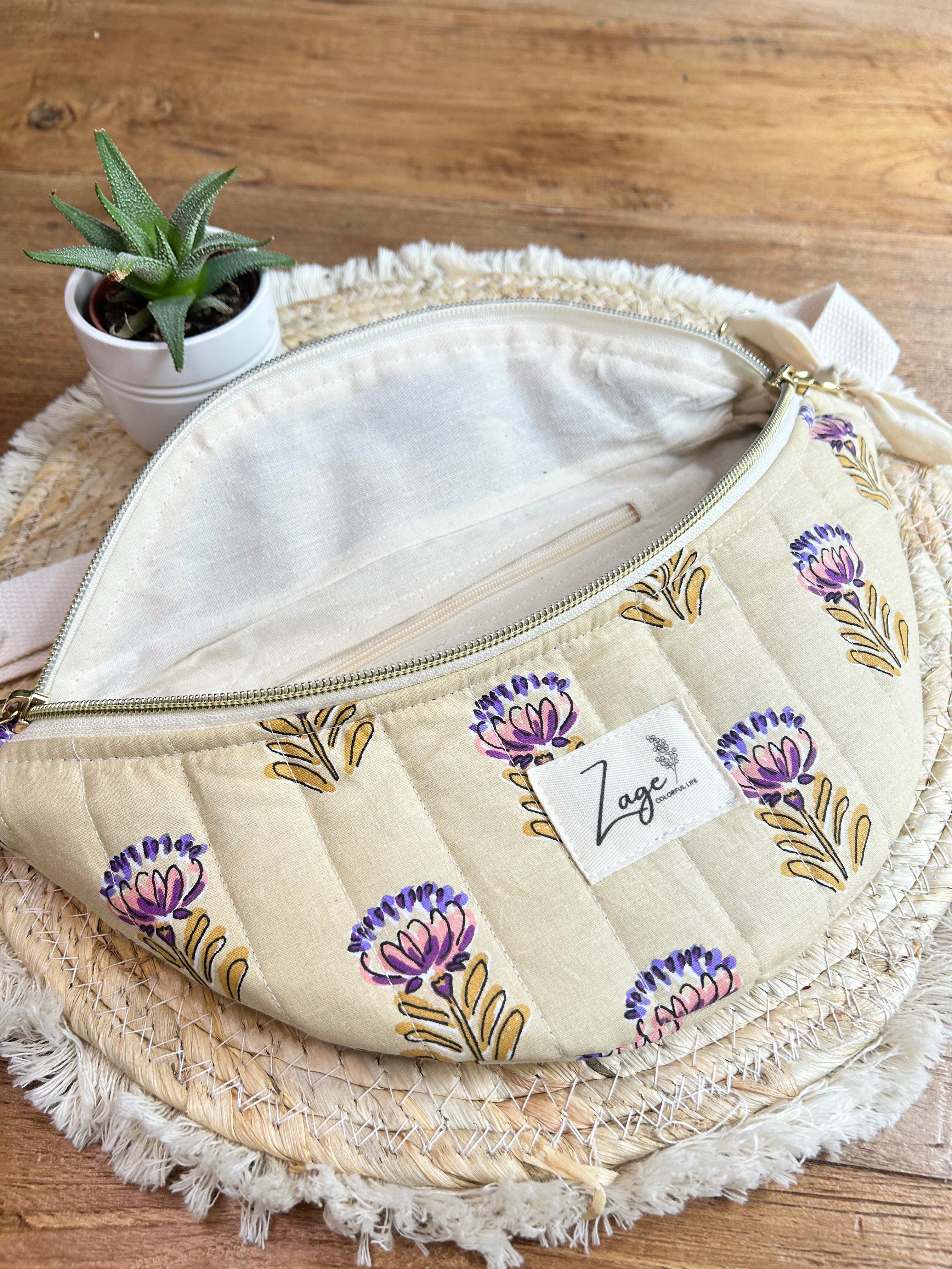 Sac banane femme Matelassé | Tissu matelassé beige fleuri & doublure beigeSac Femme Zage Colorful Life