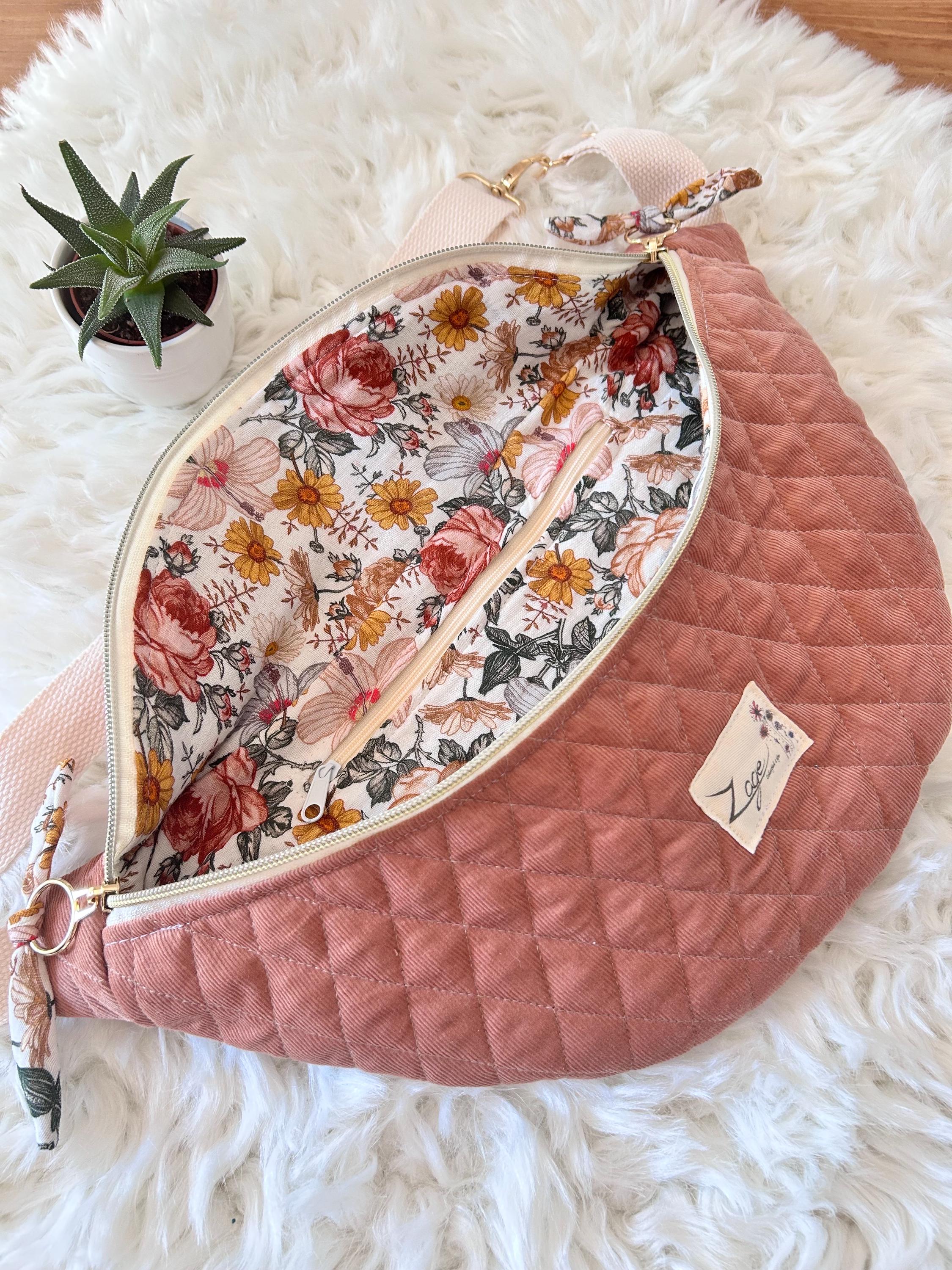 Sac banane femme hiver | Velours matelassé vieux rose & doublure gaze de coton fleurieSac Femme Zage Colorful Life