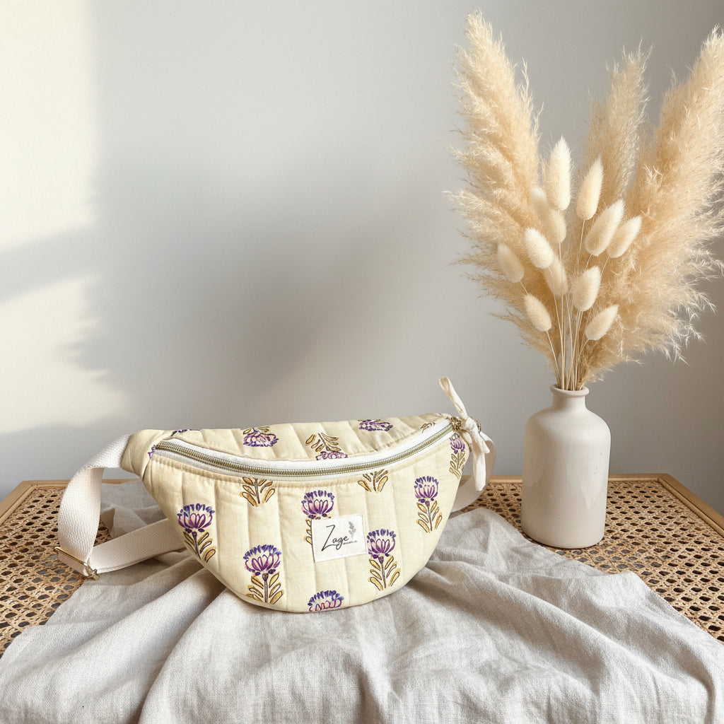 Sac banane femme Matelassé | Tissu matelassé beige fleuri & doublure beigeSac Femme Zage Colorful Life
