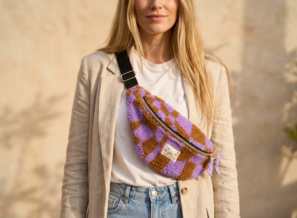 Sac banane femme hiver | Bouclettes/sherpa graphique violet marron & doublure violetteSac Femme Zage Colorful Life