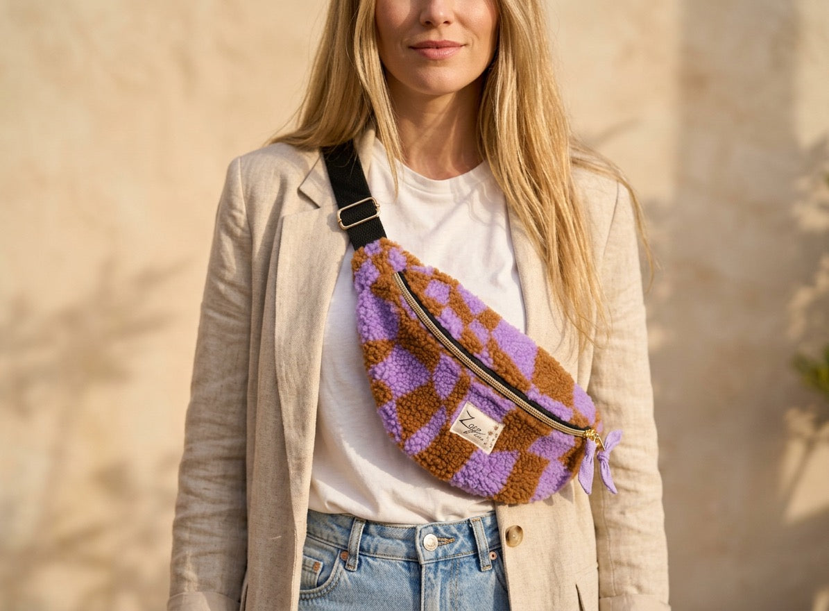 Sac banane femme hiver | Bouclettes/sherpa graphique violet marron & doublure violetteSac Femme Zage Colorful Life