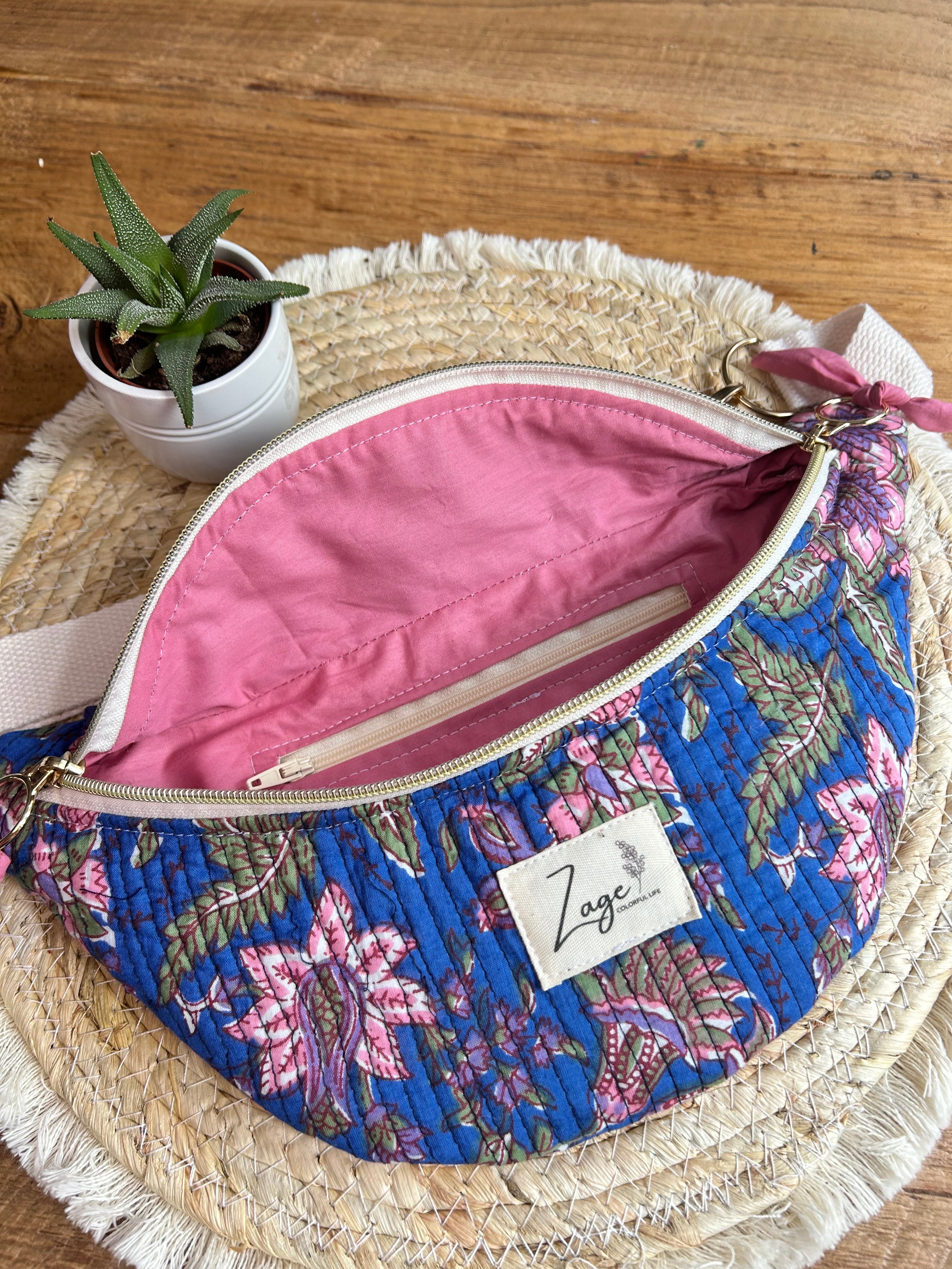 Sac banane femme Matelassé | Tissu matelassé bleu fleuri & doublure roseSac Femme Zage Colorful Life