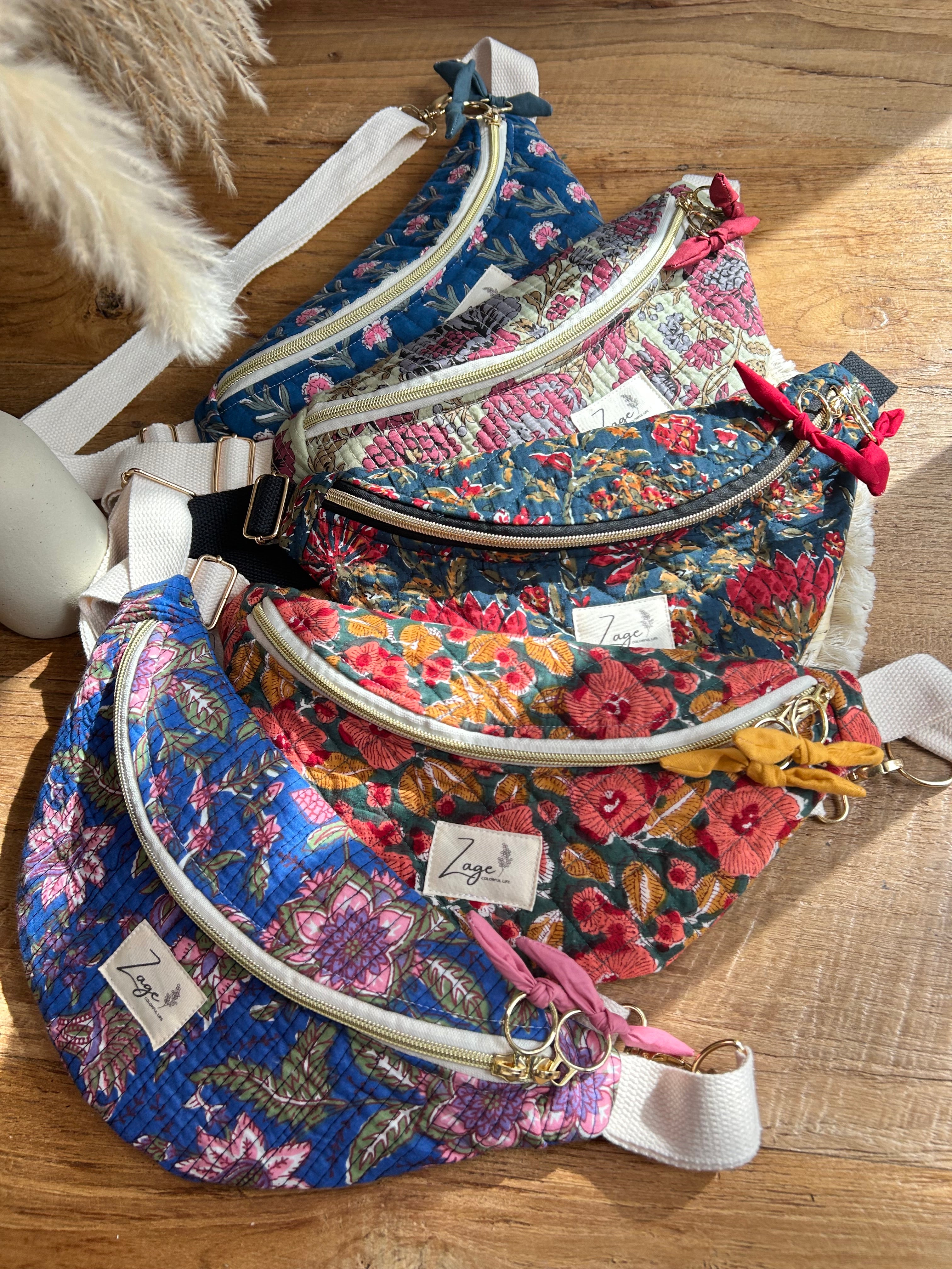 Sac banane femme Matelassé | Tissu matelassé bleu fleuri & doublure roseSac Femme Zage Colorful Life