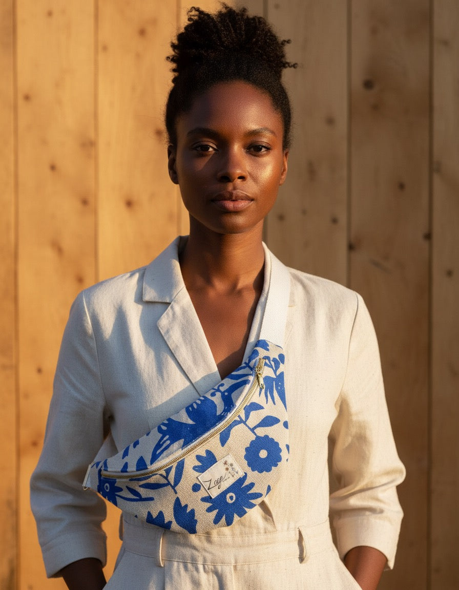 Sac banane femme Eté | toile indienne beige avec motifs bleus  & doublure bleuSac Femme Zage Colorful Life