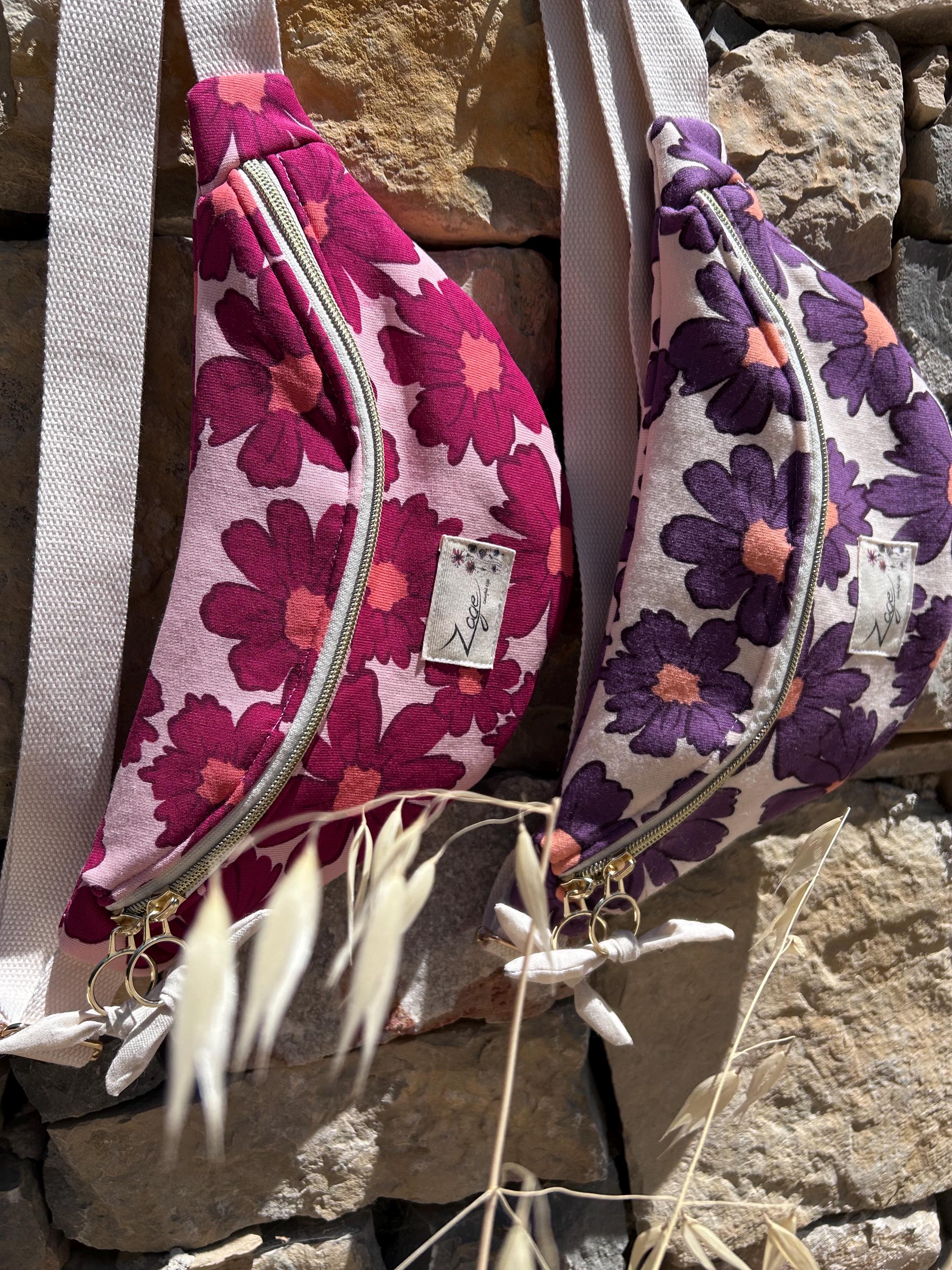 Sac banane Femme |Sweat molletonné Marguerites roses fond rose & doublure beigeSac Femme Zage Colorful Life