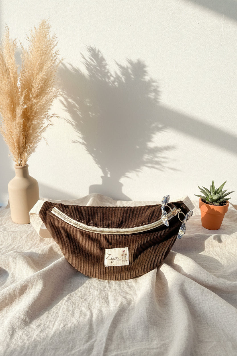Sac banane femme hiver | Velours côtelé marron bronze & doublure tissu indienSac Femme Zage Colorful Life