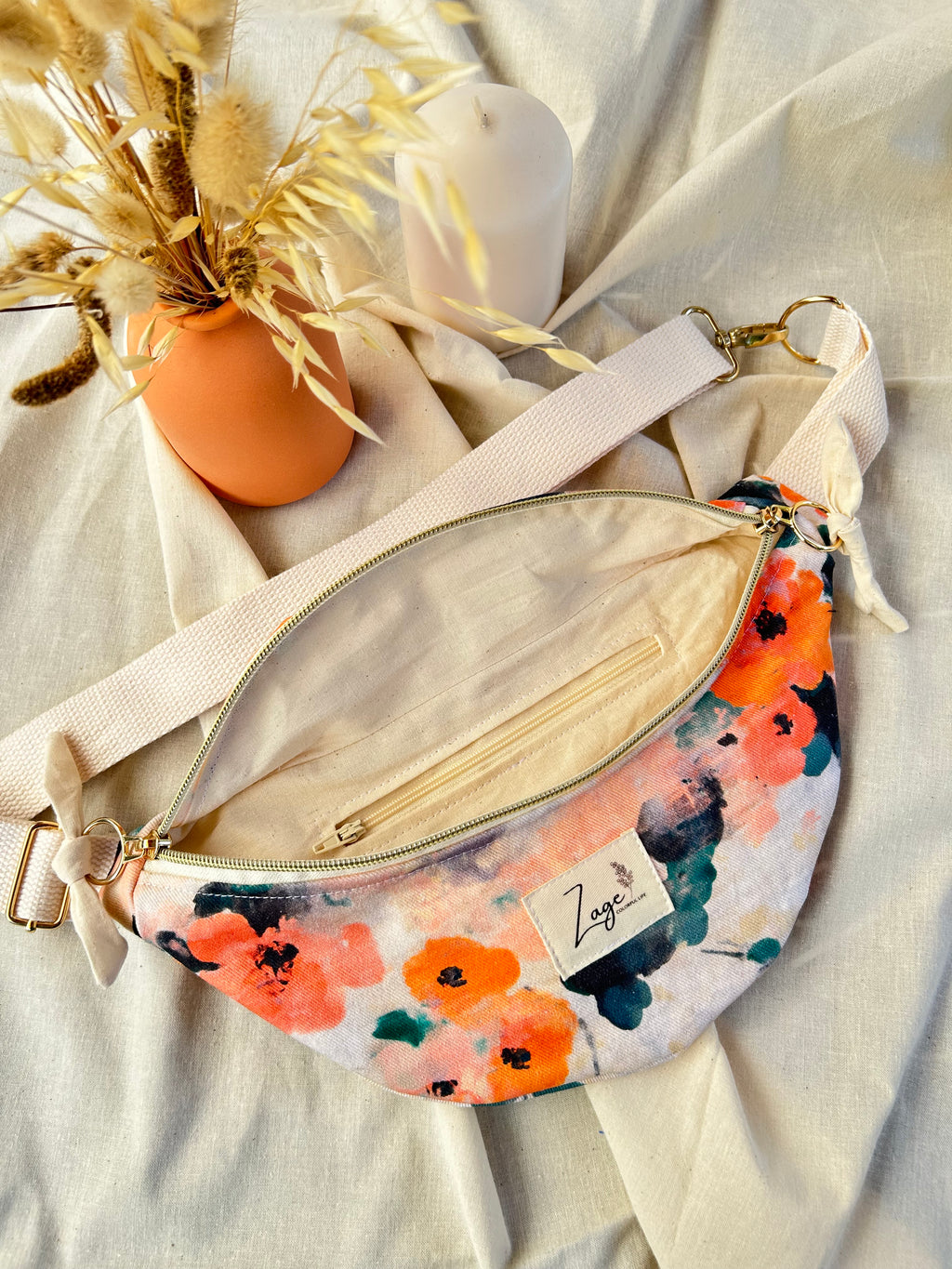Sac banane femme Eté | Toile de coton fleurie orange & doublure beige (Copie)Sac Femme Zage Colorful Life