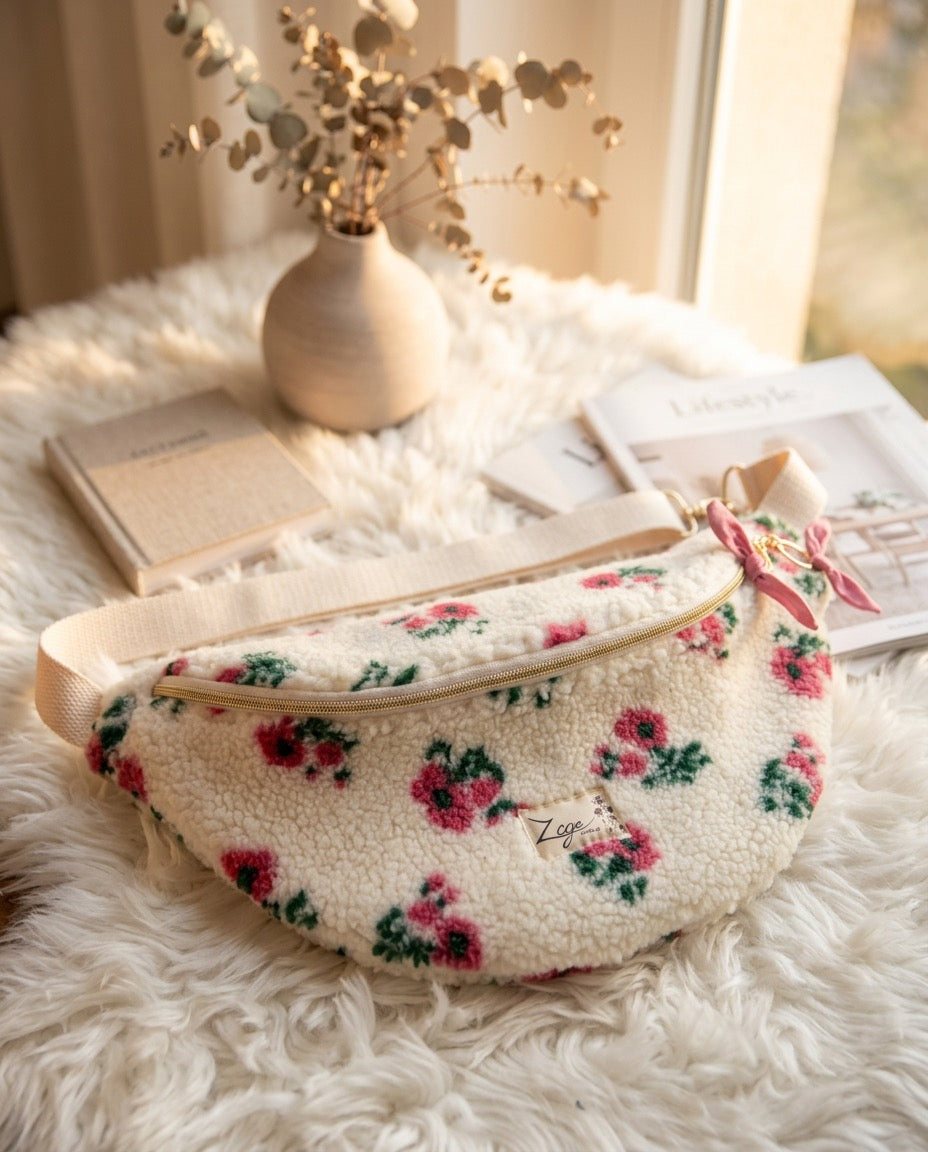 Sac banane femme hiver | Bouclettes/sherpa blanc motifs fleuris roses & doublure roseSac Femme Zage Colorful Life