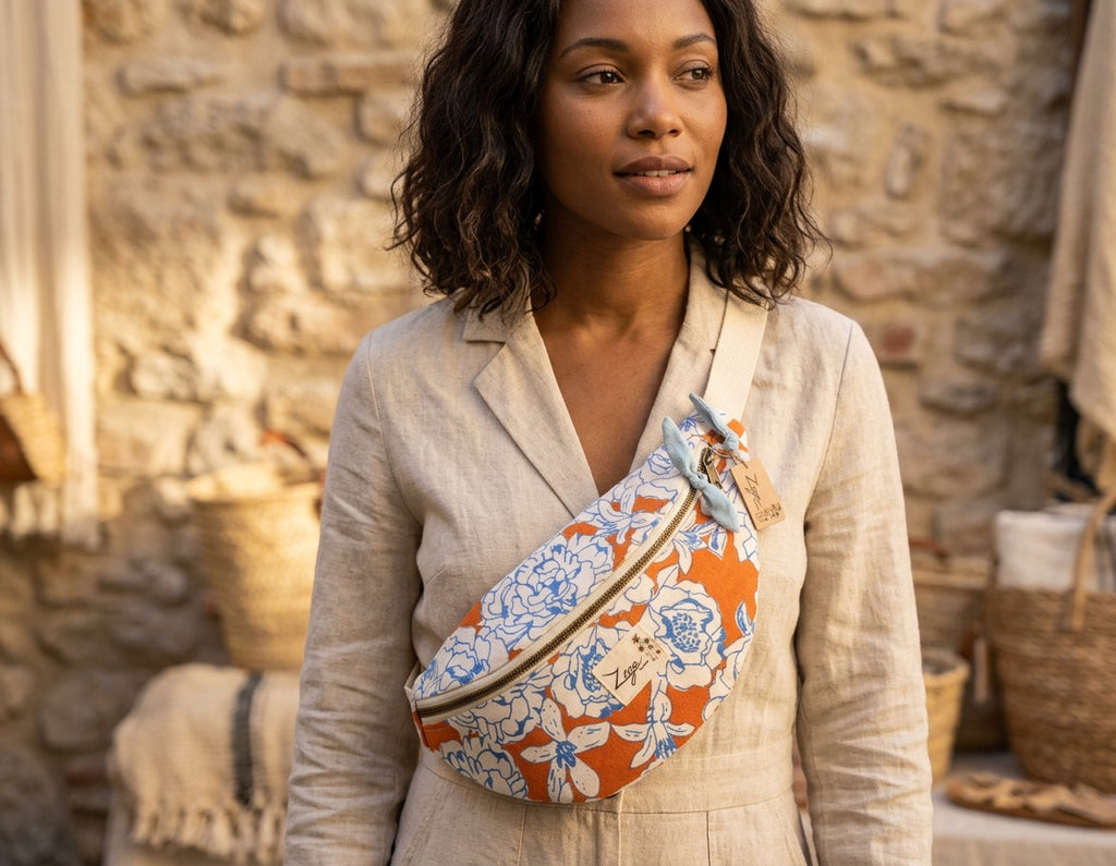 Sac Banane Femme | Toile de coton fleuri orange & doublure bleu clairSac Femme Zage Colorful Life