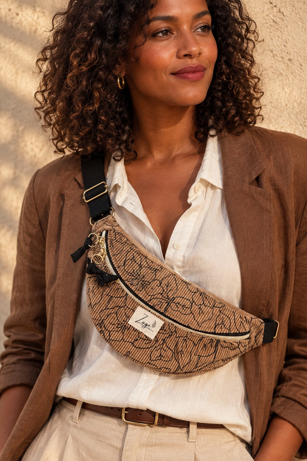 Sac banane femme hiver | Velours côtelé marron fleuri & doublure noireSac Femme Zage Colorful Life