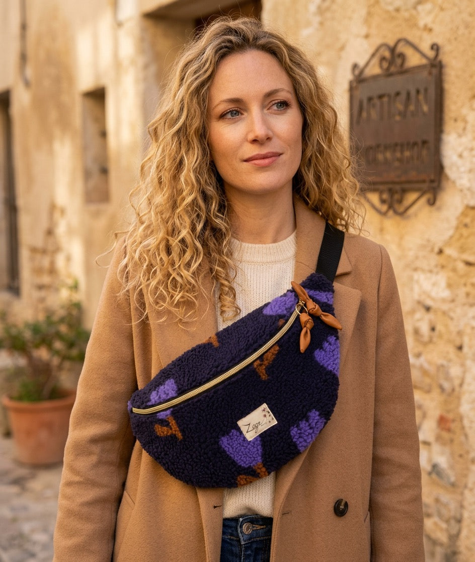 Sac banane femme hiver | Bouclettes/sherpa bleu marine motifs tulipes & doublure marronSac Femme Zage Colorful Life