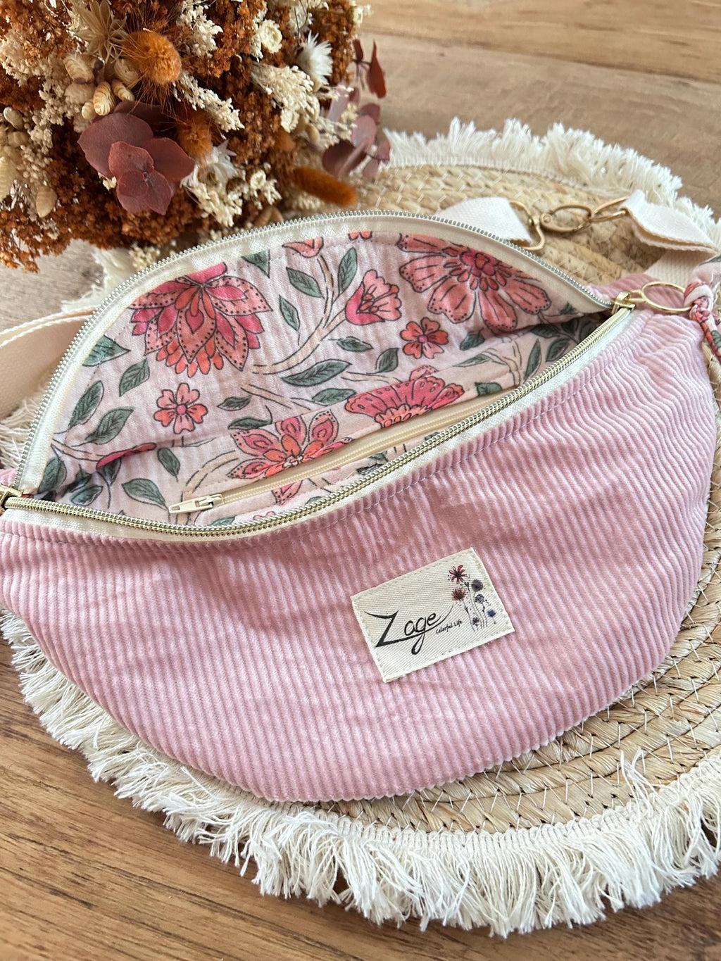 Sac banane femme hiver | Velours côtelé rose & doublure gaze de coton fleuri roseSac Femme Zage Colorful Life