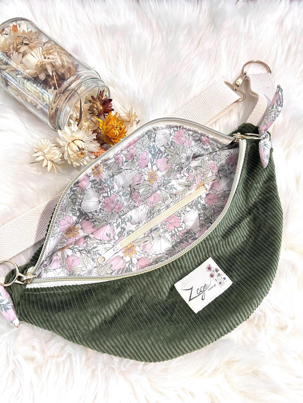 Sac banane femme hiver | Velours côtelé vert kaki & doublure liberty roseSac Femme Zage Colorful Life