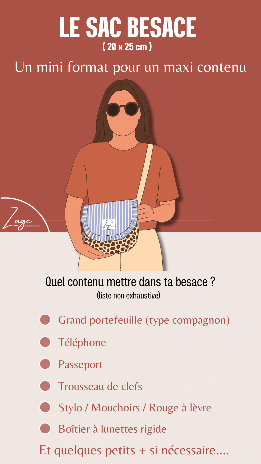 Sac Besace à rabat femme  | Rayures bleues et volants, Gabardine léopard  & doublure beigeSac Femme Zage Colorful Life