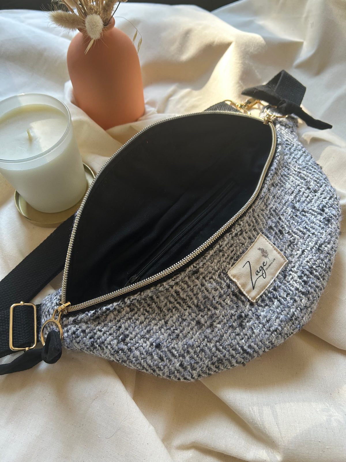 Sac banane femme hiver | Laine mélangée gris noir blanc & doublure noireSac Femme Zage Colorful Life