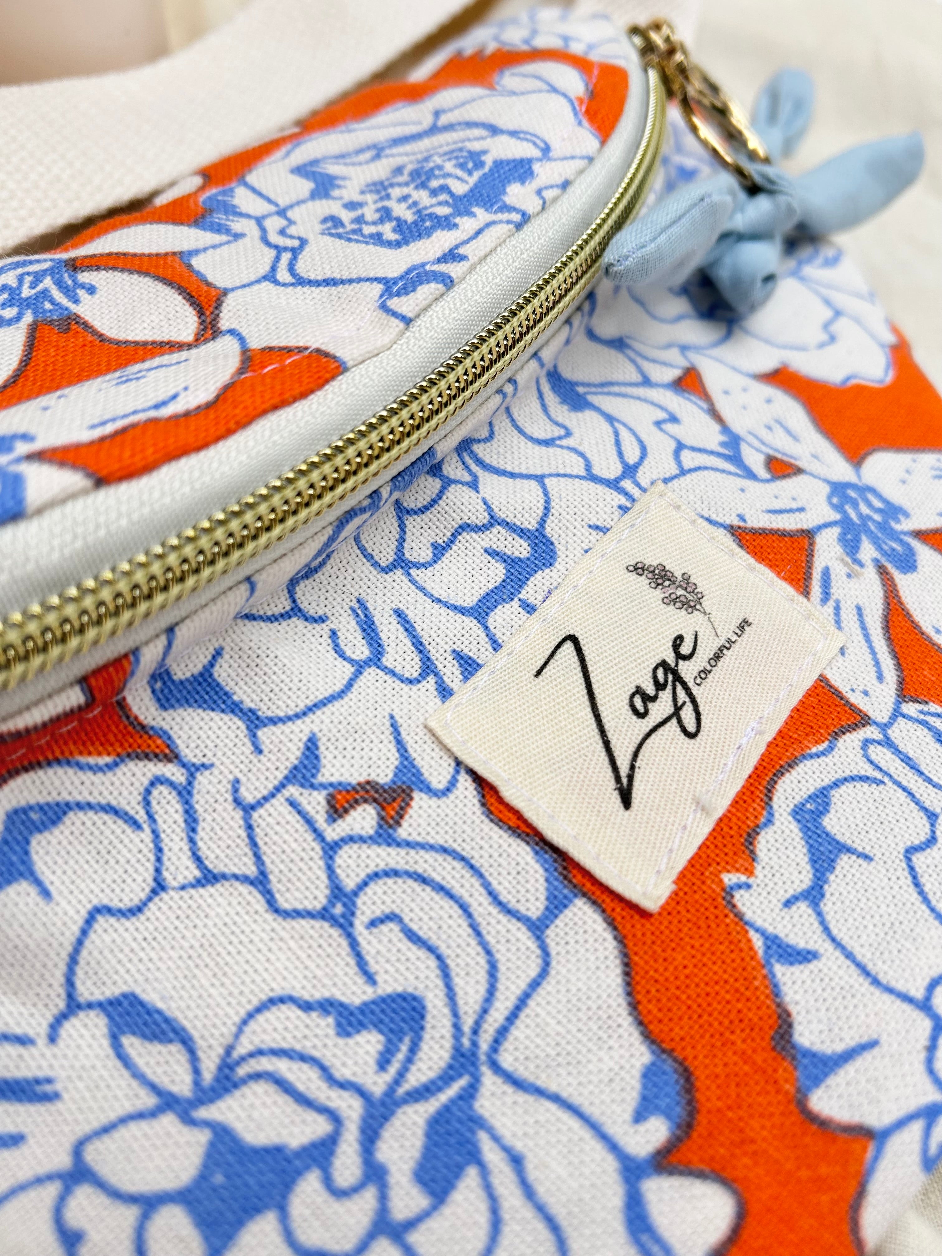 Sac Banane Femme | Toile de coton fleuri orange & doublure bleu clairSac Femme Zage Colorful Life