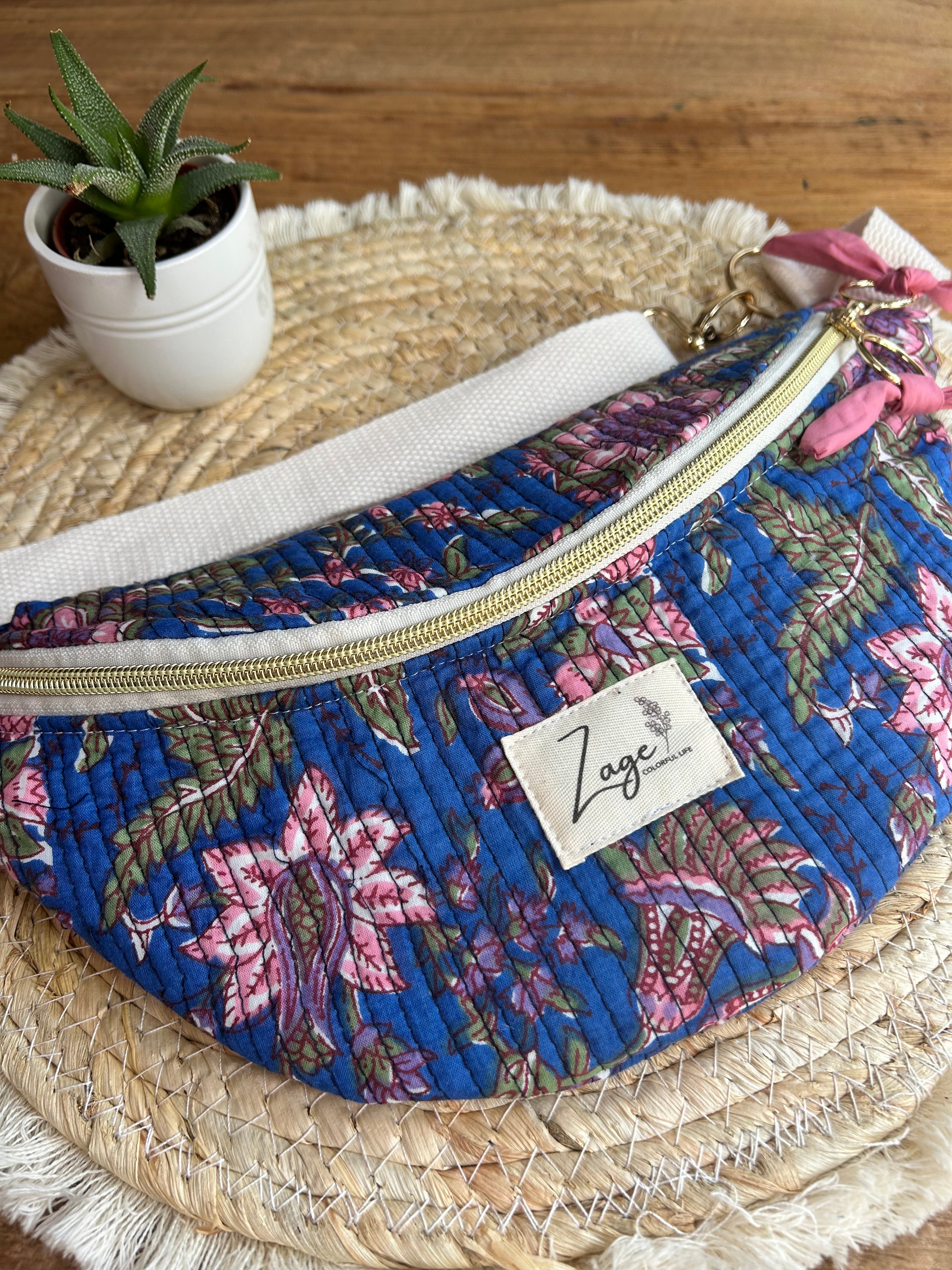 Sac banane femme Matelassé | Tissu matelassé bleu fleuri & doublure roseSac Femme Zage Colorful Life