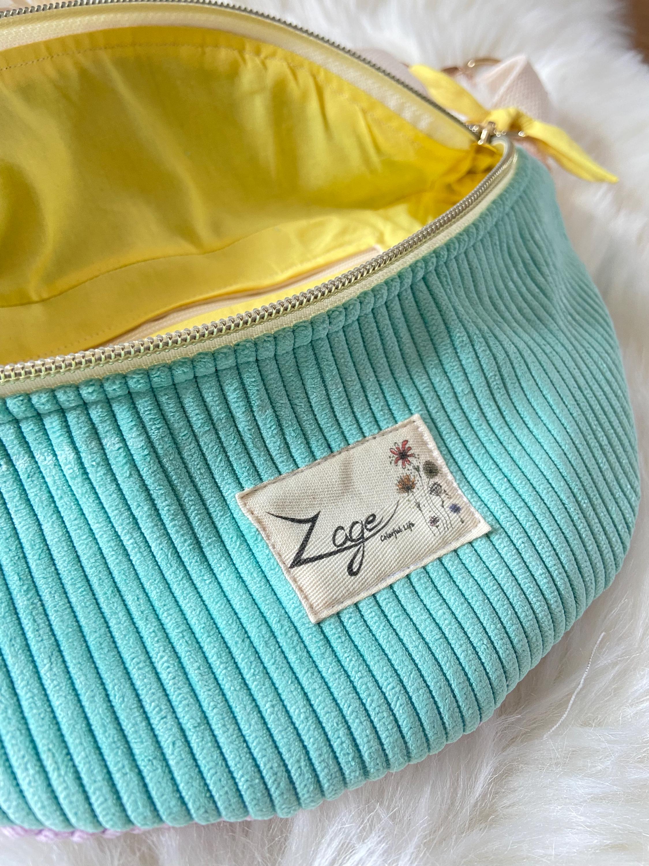 Sac banane femme hiver | Velours côtelé vert et parme & doublure jauneSac Femme Zage Colorful Life