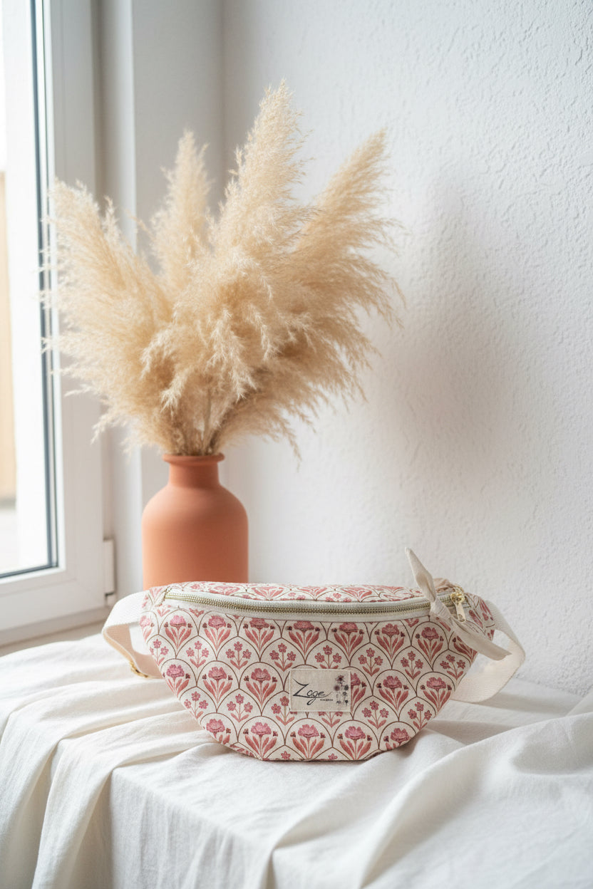 Sac banane femme été | Gabardine fleurie motifs indiens roses & doublure beigeSac Femme Zage Colorful Life