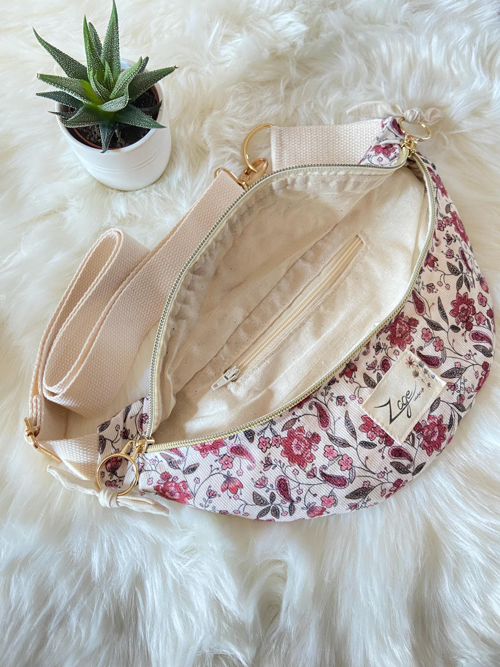 Sac banane femme hiver | Velours côtelé fleuri indy rose foncé & doublure beigeSac Femme Zage Colorful Life