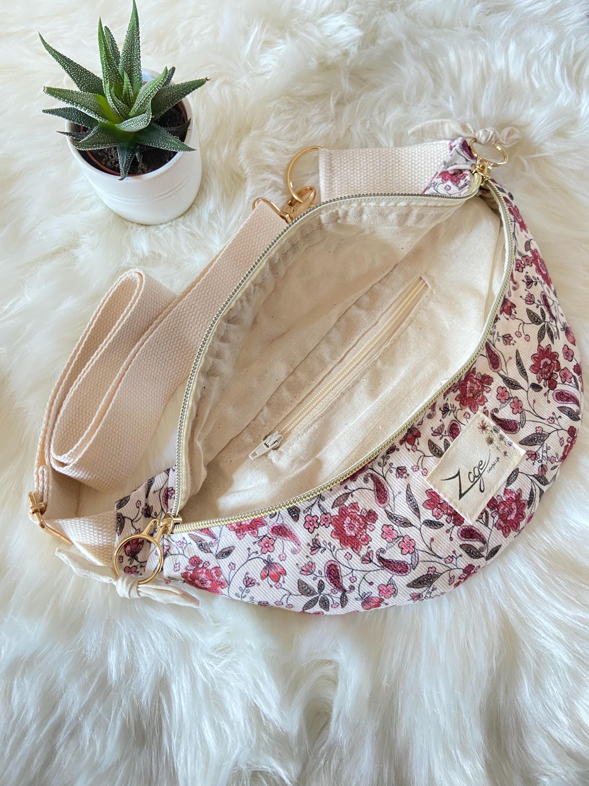 Sac banane femme hiver | Velours côtelé fleuri indy rose foncé & doublure beigeSac Femme Zage Colorful Life