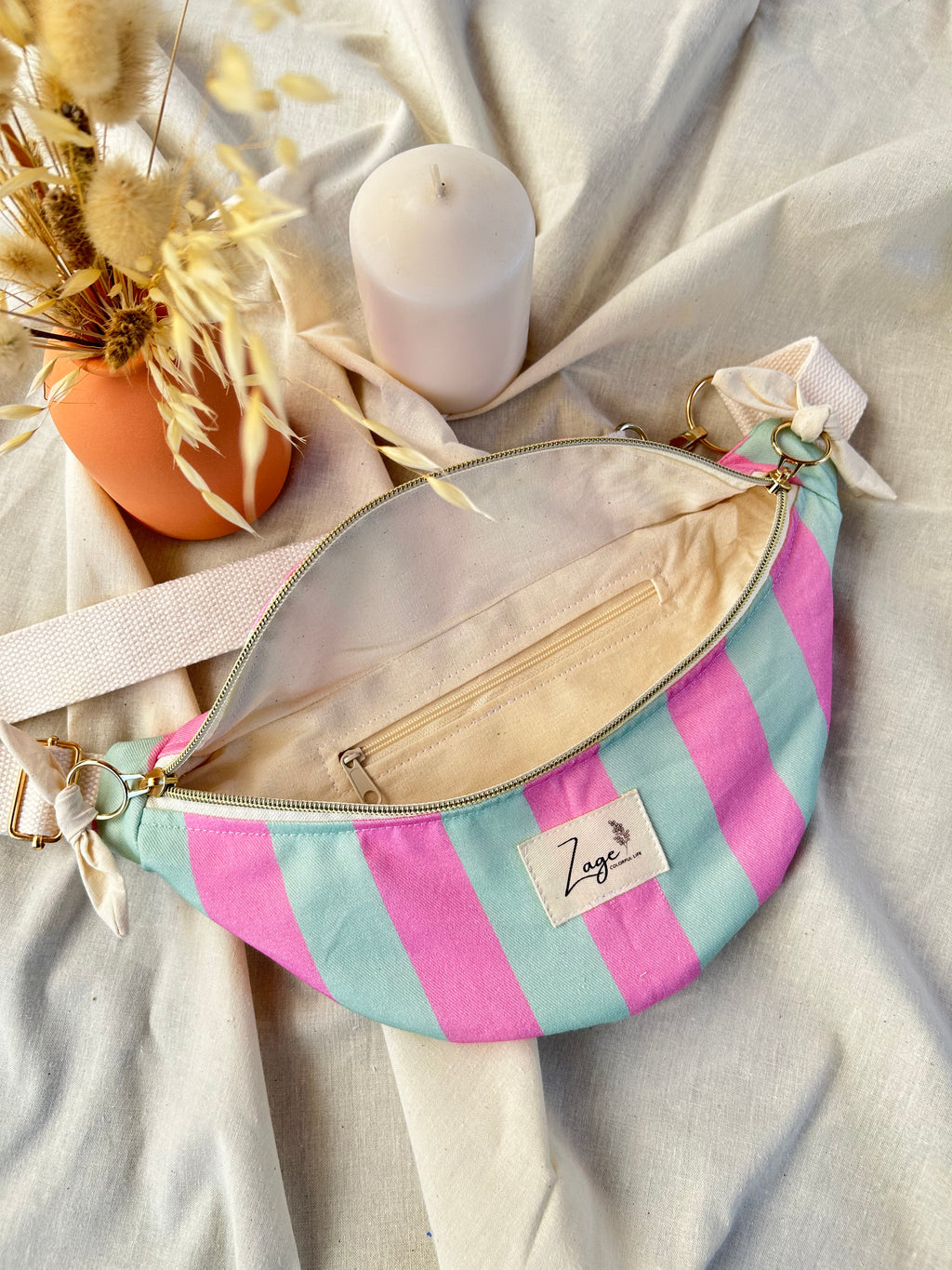 Sac banane femme Eté | Sergé de coton vert menthe et rose & doublure beigeSac Femme Zage Colorful Life