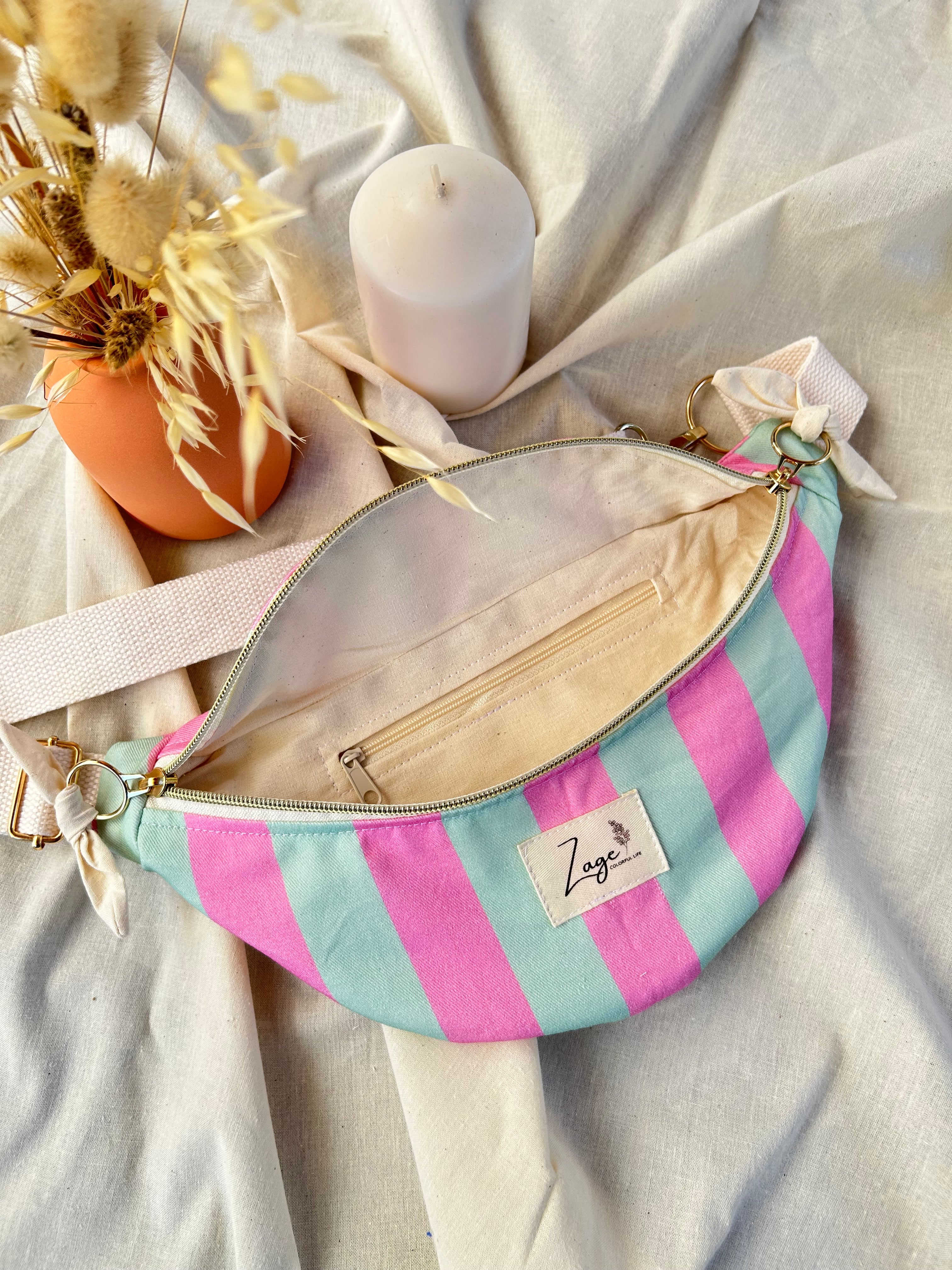 Sac banane femme Eté | Sergé de coton vert menthe et rose & doublure beigeSac Femme Zage Colorful Life