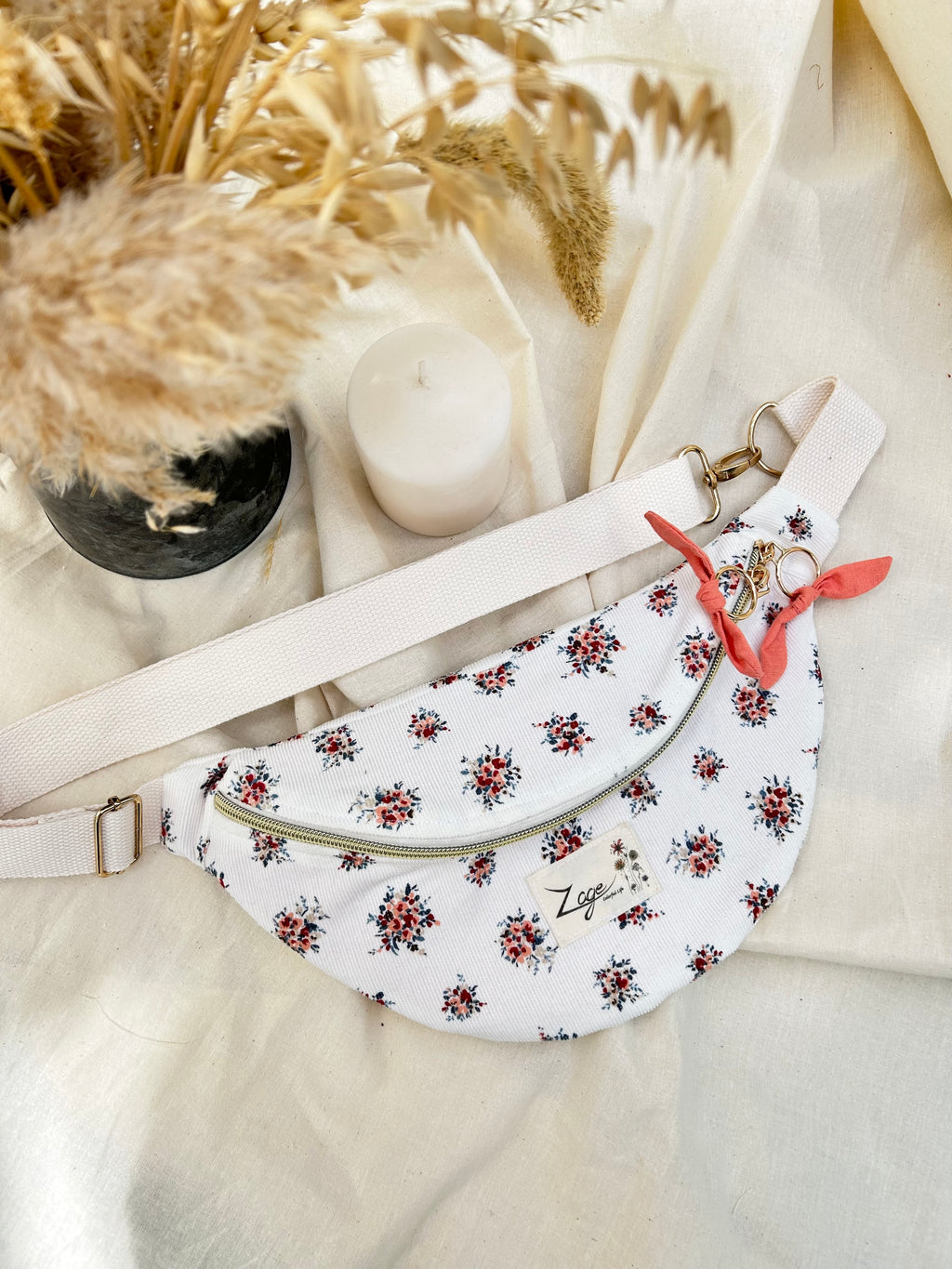 Sac banane femme Hiver | Velours côtelé blanc et fleuri & doublure roseSac Femme Zage Colorful Life