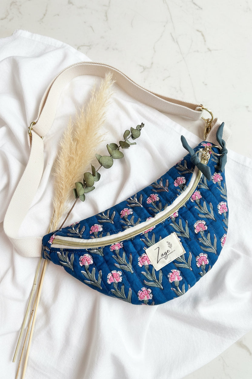 Sac banane femme Matelassé | Tissu matelassé bleu fleuri & doublure bleu pétroleSac Femme Zage Colorful Life