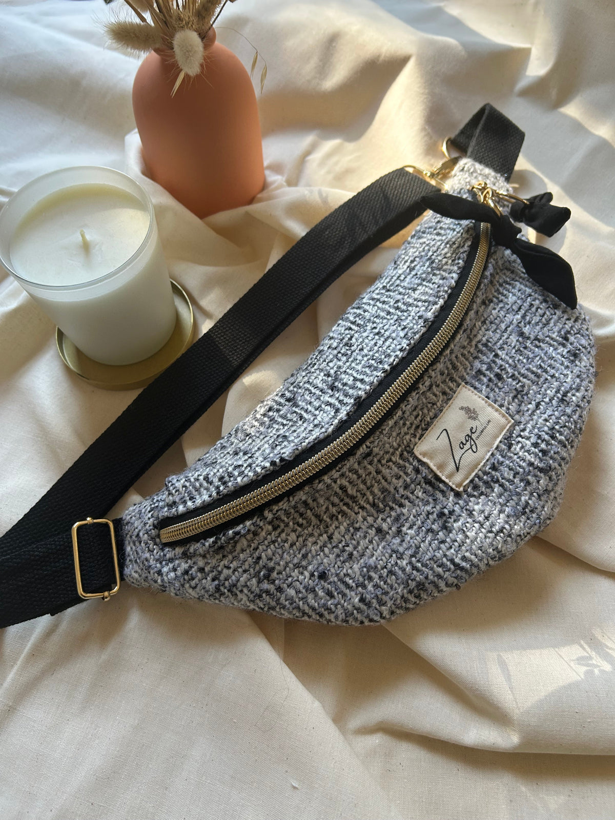 Sac banane femme hiver | Laine mélangée gris noir blanc & doublure noireSac Femme Zage Colorful Life