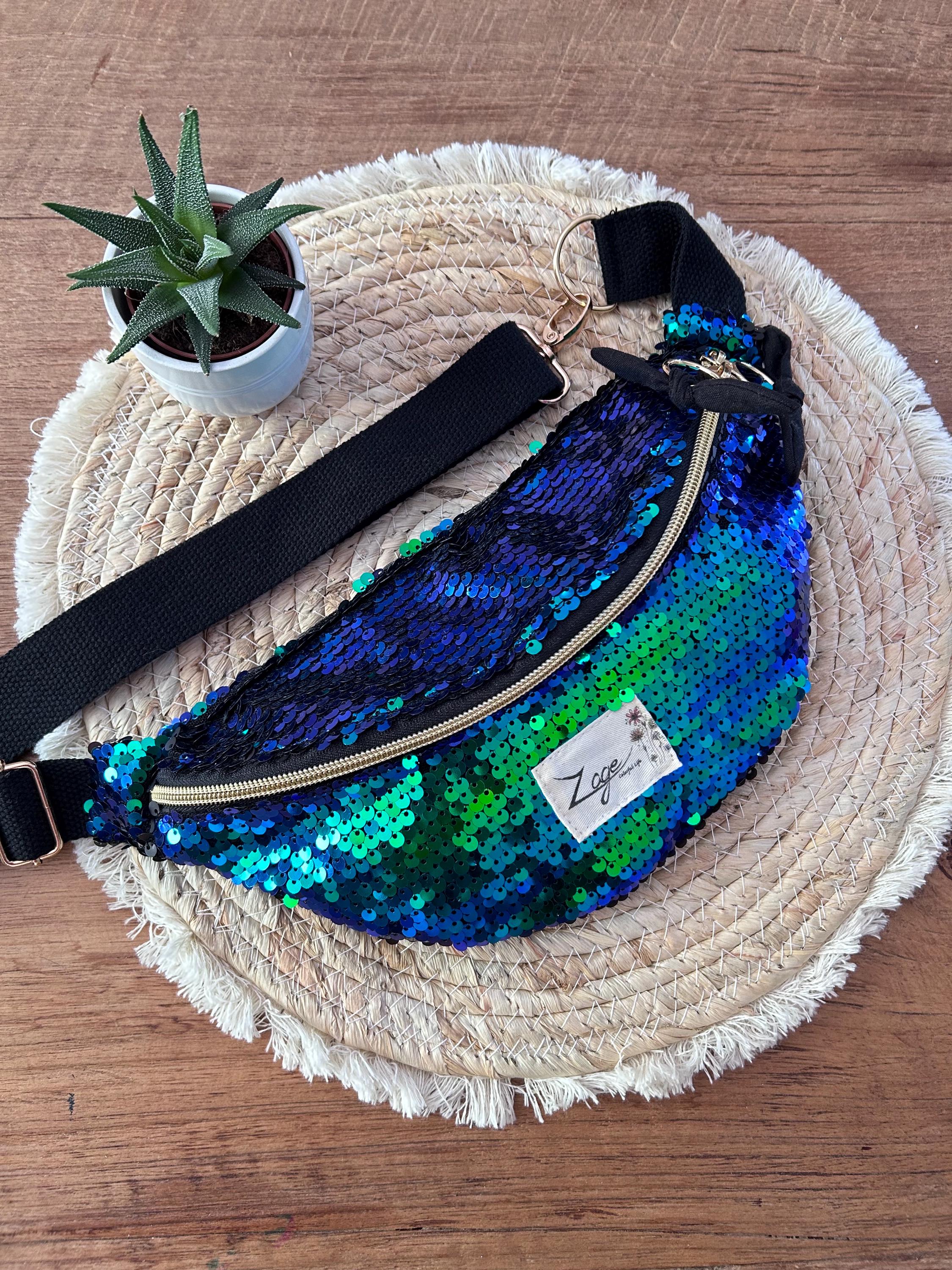 Sac banane femme fête | Sequins caméléon bleu vert violet & doublure noirSac Femme Zage Colorful Life