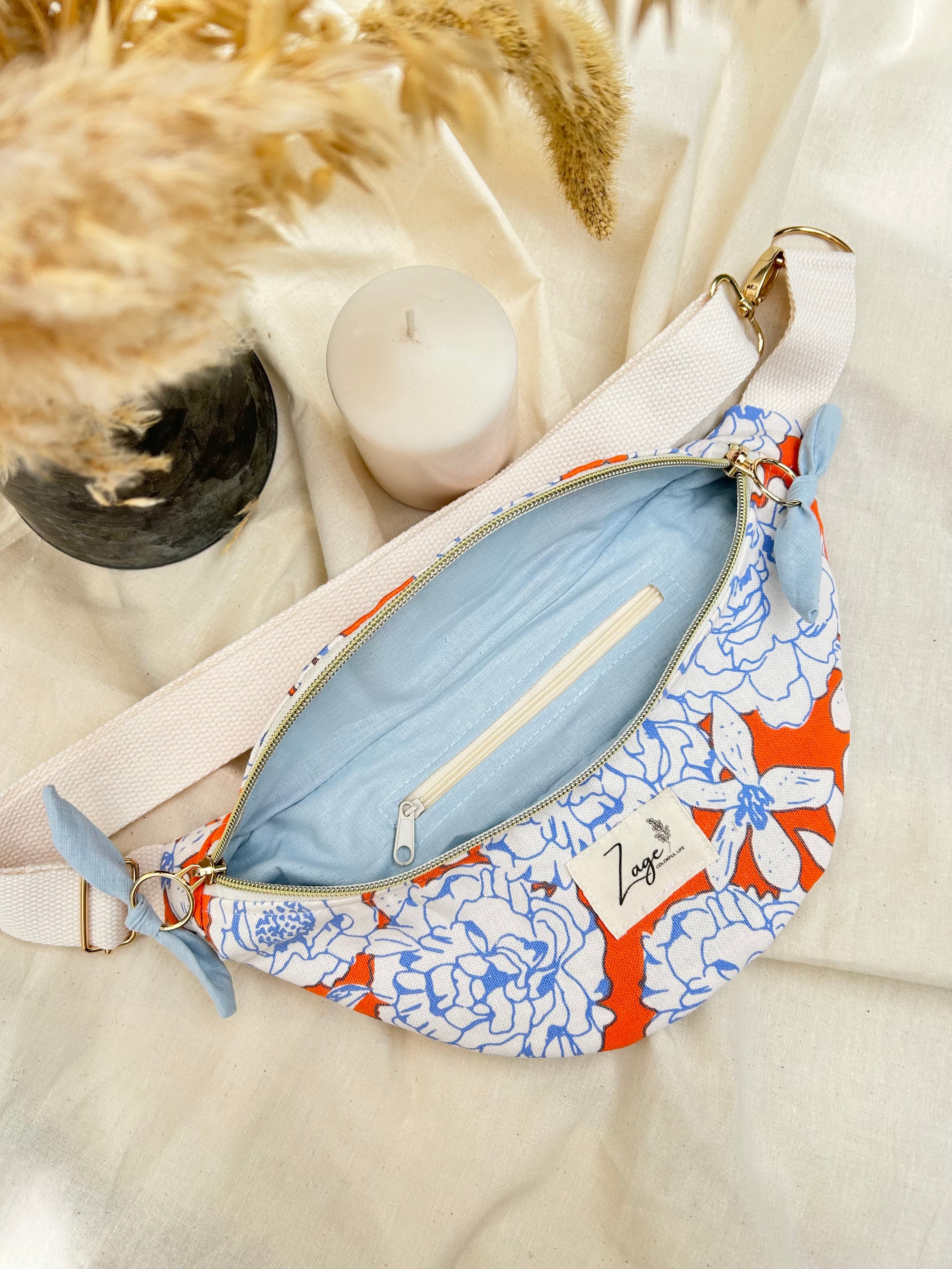 Sac Banane Femme | Toile de coton fleuri orange & doublure bleu clairSac Femme Zage Colorful Life