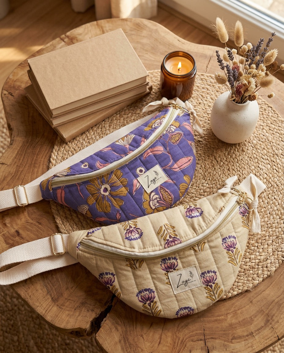 Sac banane femme Matelassé | Tissu matelassé bleu fleuri & doublure beigeSac Femme Zage Colorful Life
