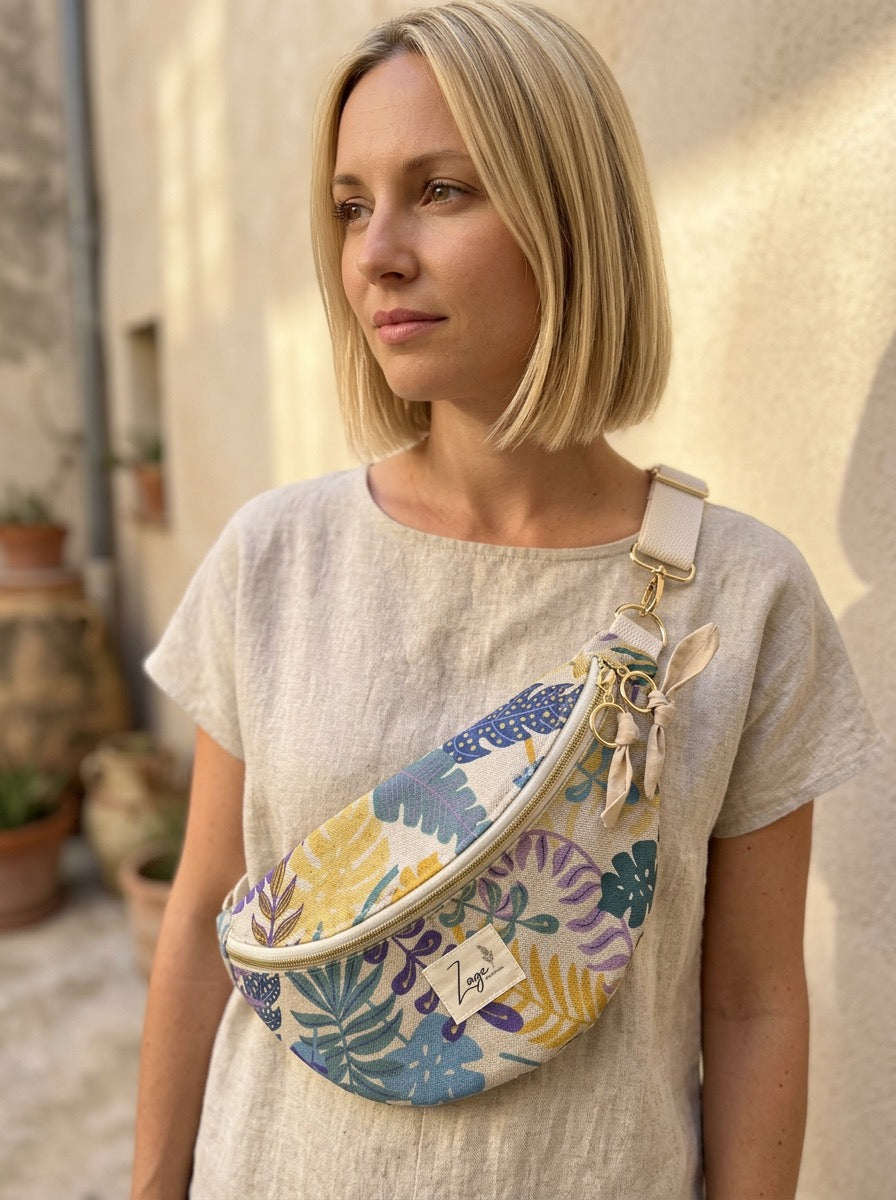 Sac banane femme Eté | Toile de coton feuilles colorées & doublure beigeSac Femme Zage Colorful Life