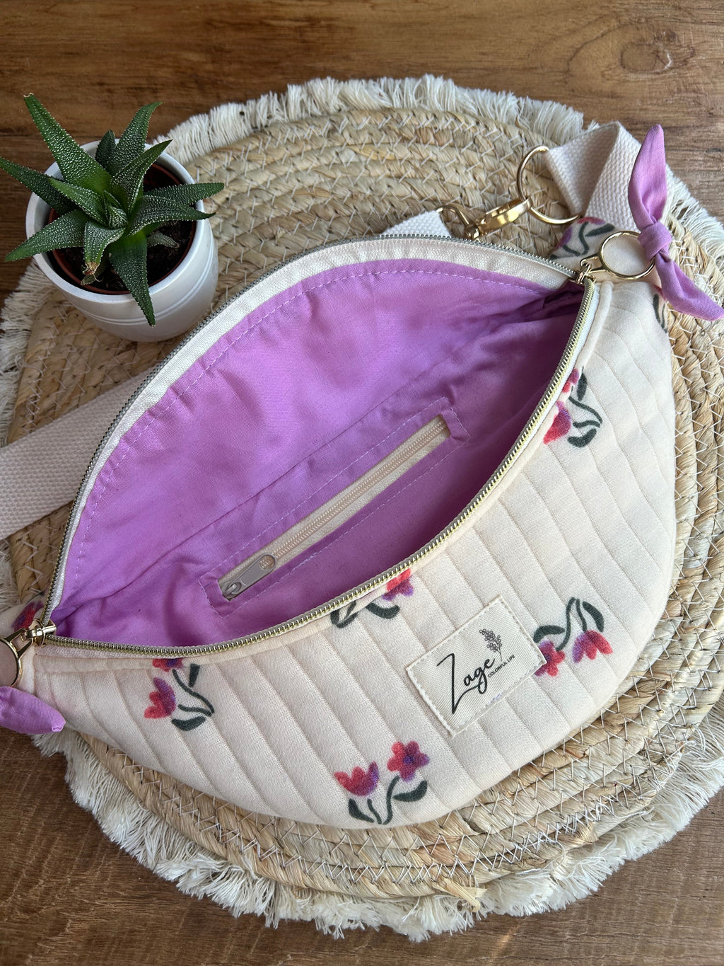 Sac banane femme Matelassé | Tissu jersey matelassé beige écru & doublure LilaSac Femme Zage Colorful Life