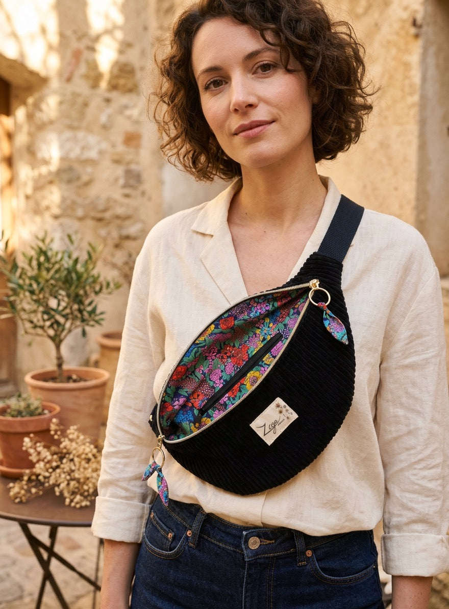Sac banane femme hiver | Velours côtelé noir & doublure liberty multicoloreSac Femme Zage Colorful Life