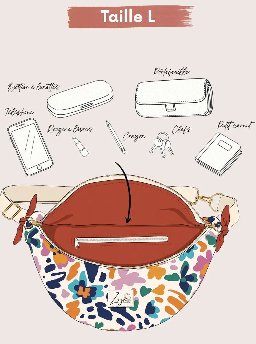 Sac Banane Femme | Toile de coton fleurie multicolore & doublure TerracottaSac Femme Zage Colorful Life