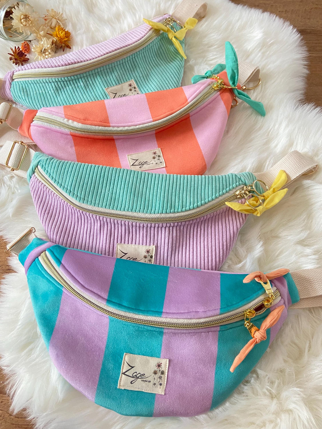 Sac banane femme hiver | Velours rayé turquoise et violet & doublure orangeSac Femme Zage Colorful Life