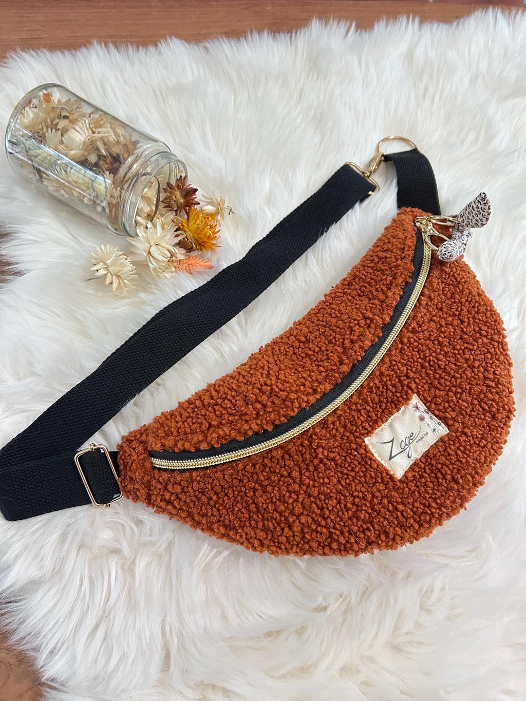 Sac banane femme hiver | Bouclettes/sherpa marron & doublure à motifsSac Femme Zage Colorful Life
