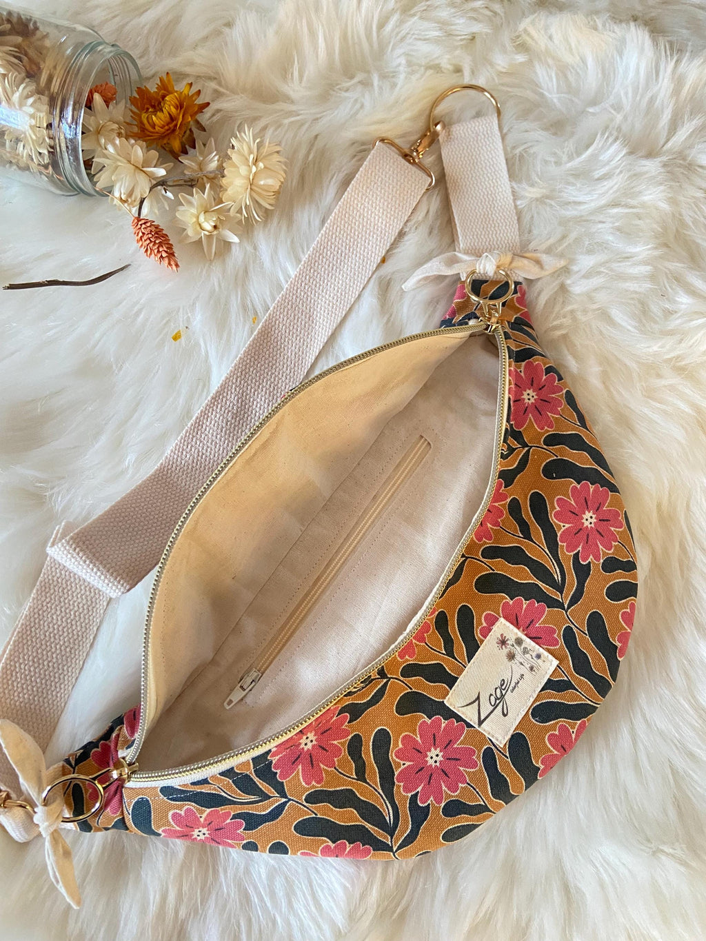 Sac banane Femme | Bachette Fleurie rose et moutarde & doublure beigeSac Femme Zage Colorful Life