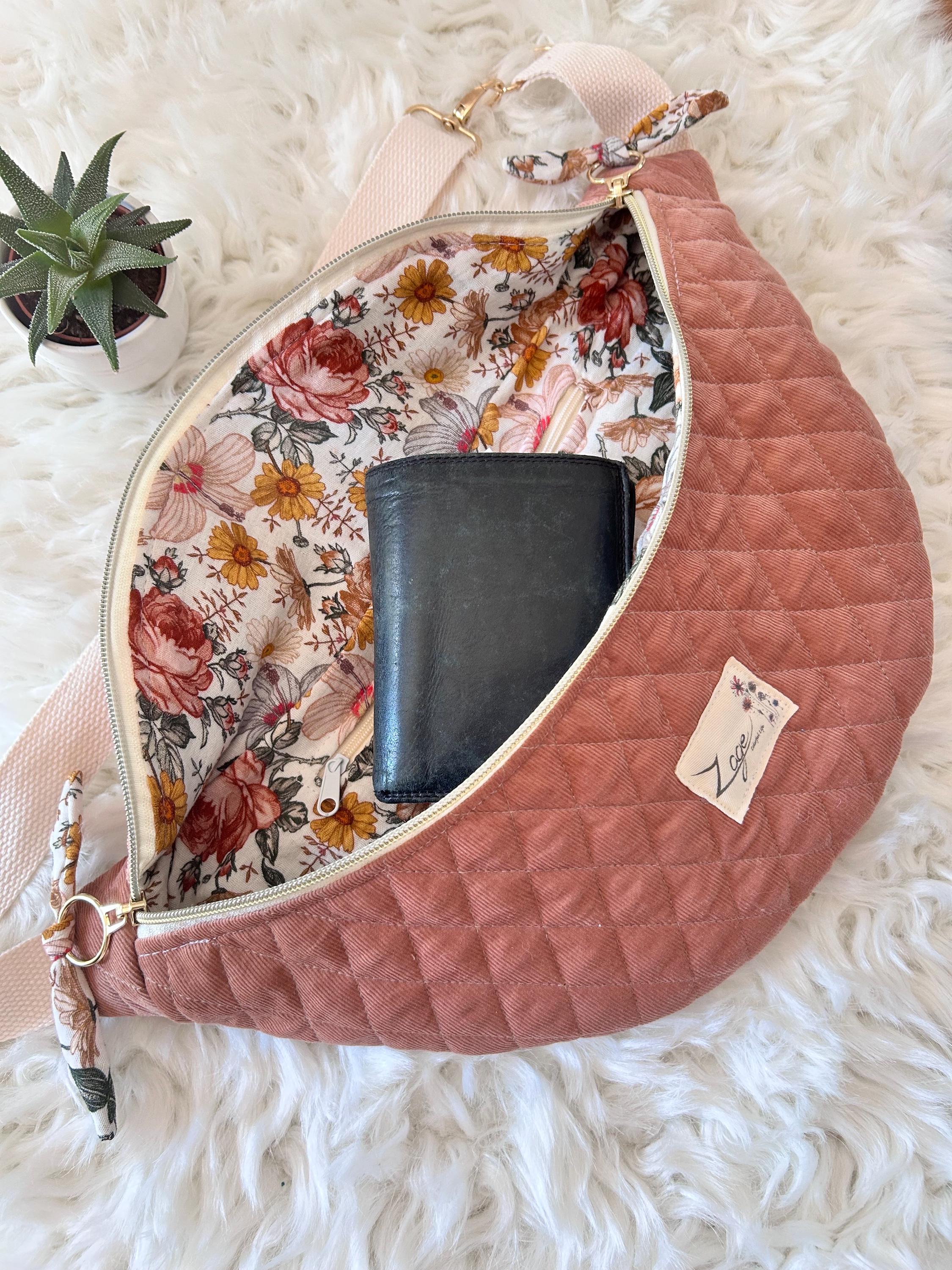 Sac banane femme hiver | Velours matelassé vieux rose & doublure gaze de coton fleurieSac Femme Zage Colorful Life