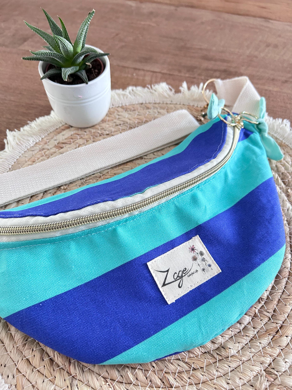 Sac banane femme été | Toile canvas rayé bleu et turquoise & doublure bleue clairSac Femme Zage Colorful Life