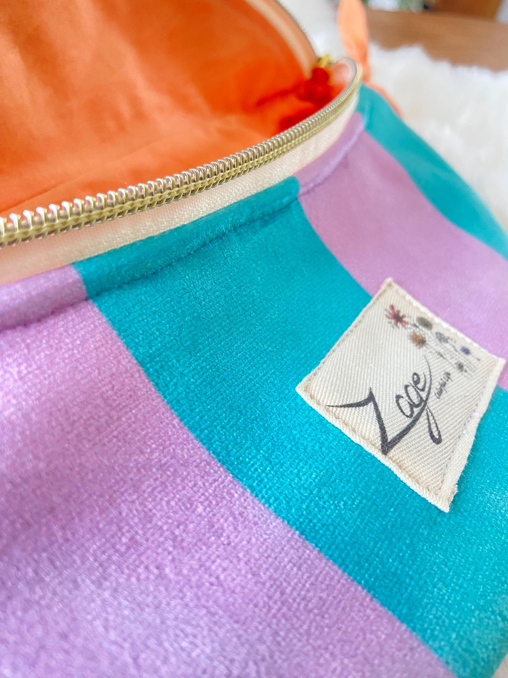 Sac banane femme hiver | Velours rayé turquoise et violet & doublure orangeSac Femme Zage Colorful Life