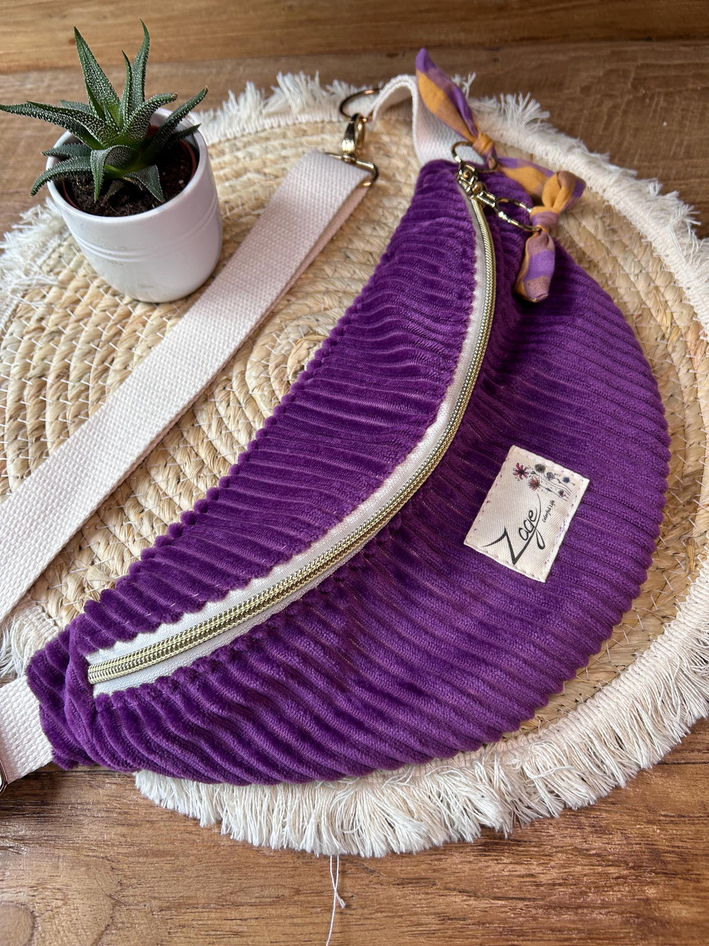 Sac banane femme hiver | Velours côtelé violet & doublure seersucker carreaux violet jauneSac Femme Zage Colorful Life
