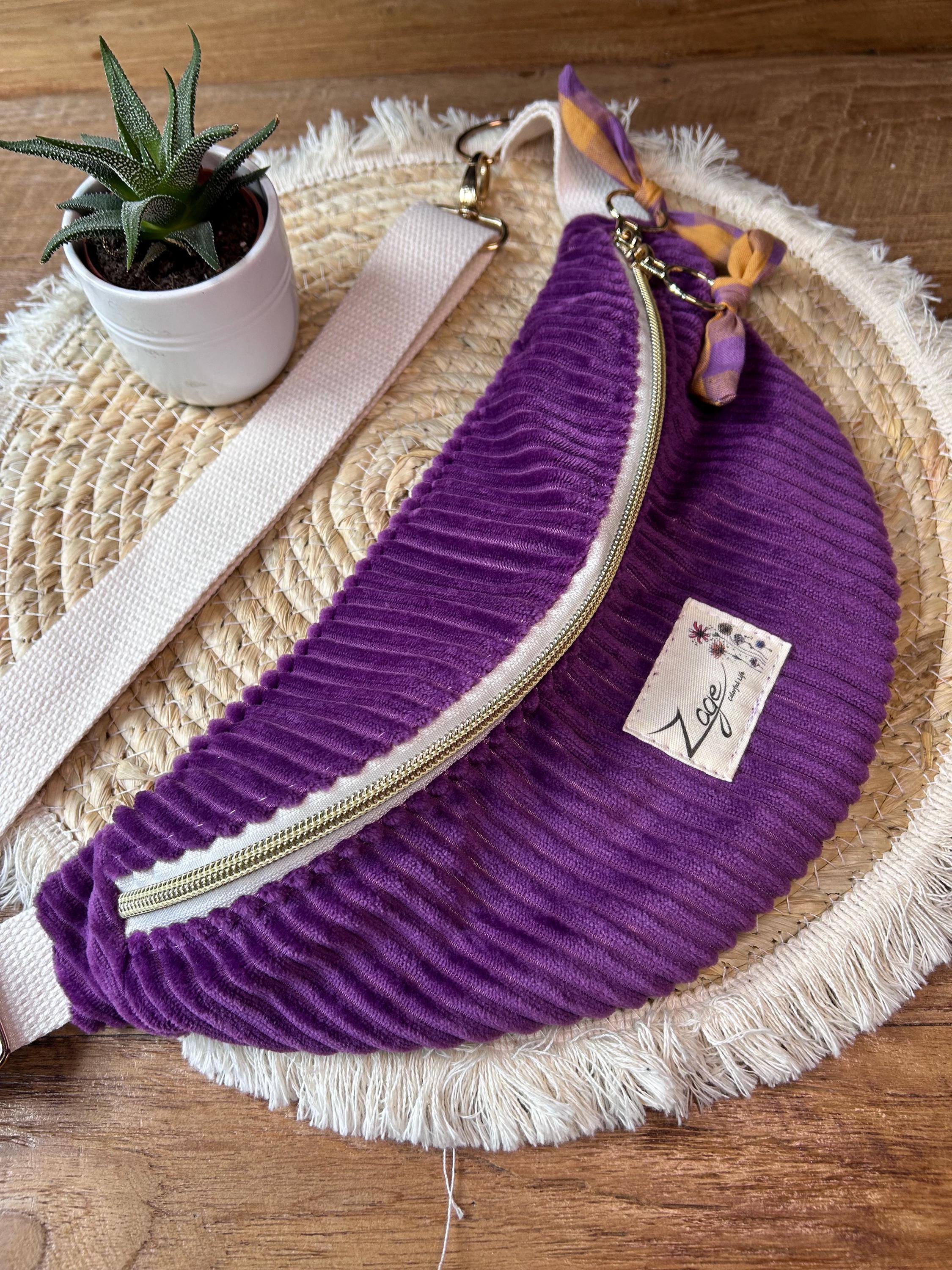 Sac banane femme hiver | Velours côtelé violet & doublure seersucker carreaux violet jauneSac Femme Zage Colorful Life