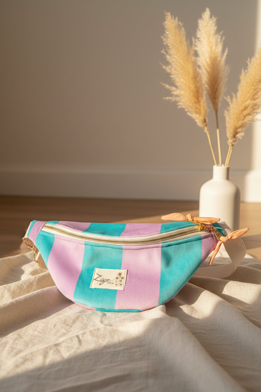 Sac banane femme hiver | Velours rayé turquoise et violet & doublure orangeSac Femme Zage Colorful Life